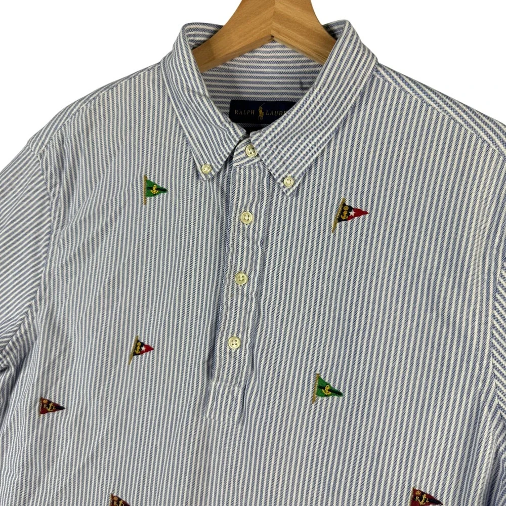 Ralph Lauren Knit Oxford Polo Shirt Mens Large Blue White Striped Pennant Flag